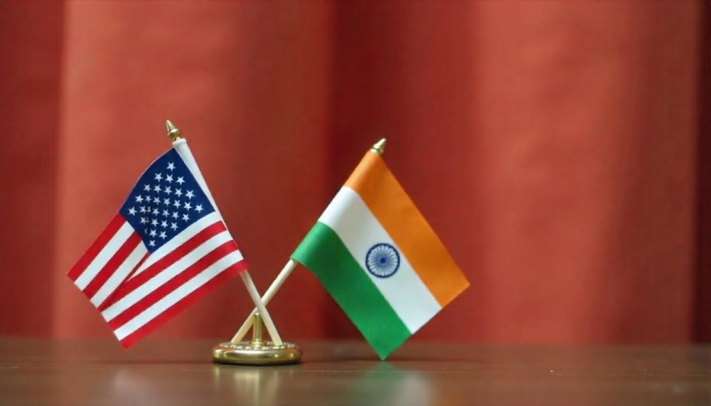 USA flag and Indian Flag cross each other represents partnership and international relations